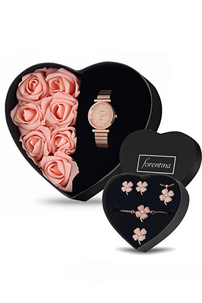 Forentina Güllü Kutuda Rose Kol Saati - Rose Yonca Yaprağı Takı Seti Ps1977
