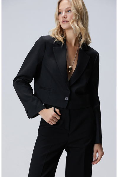 Network Siyah Yün Karışımlı Crop Blazer Ceket