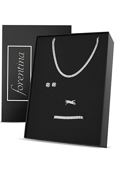 Forentina Gümüş Renk Zirkon Baget Taşlı Kolye Küpe Bileklik Yüzük Takı Seti -...