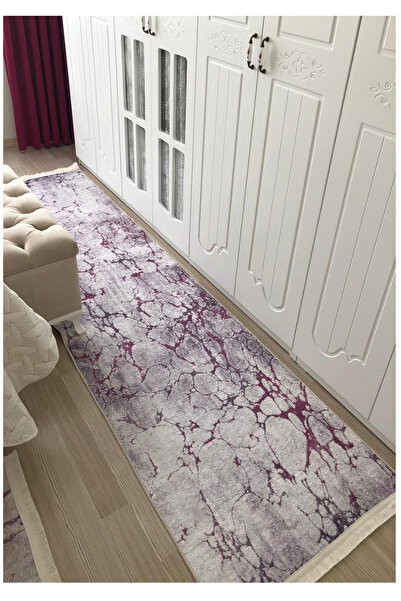 STY Home Gri Mürdüm Dijital Baskı Halı Kaymaz Tabanlı Yıkanabilir Halı Yolluk...