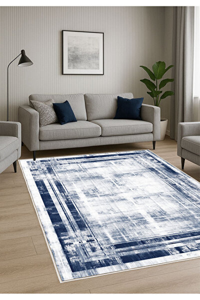 STY Home Lacivert Gri Dijital Baskı Halı Kaymaz Tabanlı Yıkanabilir Halı Yoll...