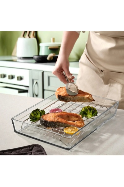 Paşabahçe Arda Turkmen Rectangular Premium Steel Wire Grid Pyrex Glass Tray