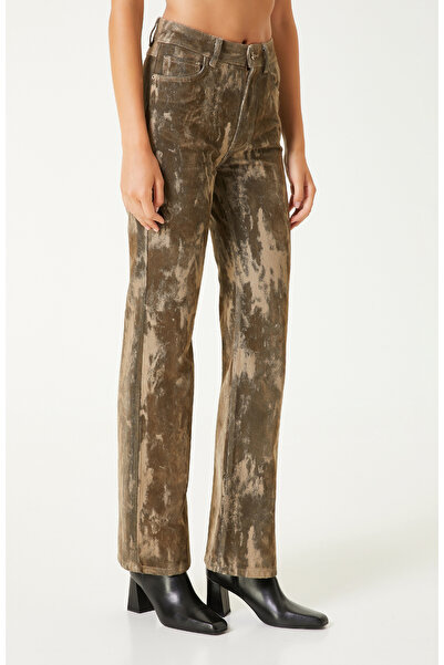 Network Haki Flok Baskılı Boot Cut Denim Pantolon