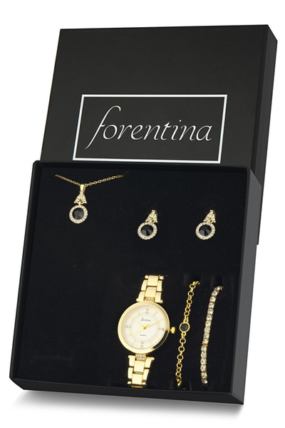 Forentina Siyah Taşlı Gold Kolye Küpe Bileklik Yüzük Saat Hediye Set Ps3146