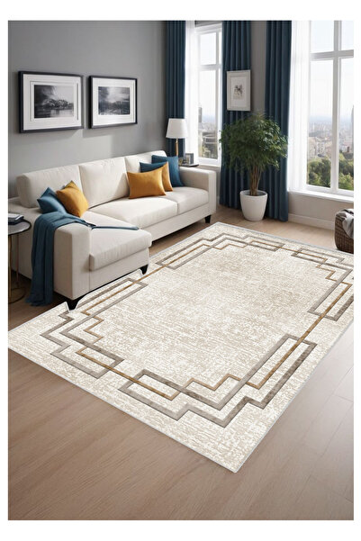 STY Home Krem Dijital Baskı Halı Kaymaz Tabanlı Yıkanabilir Halı Yolluk Salon...