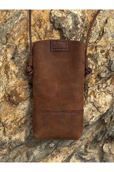 Mimas Design Gaia El Yapımı Hakiki Deri Telefon Çantası Küçük Çanta Kahverengi Çapraz Askısı Ayarlanabilir Küçük