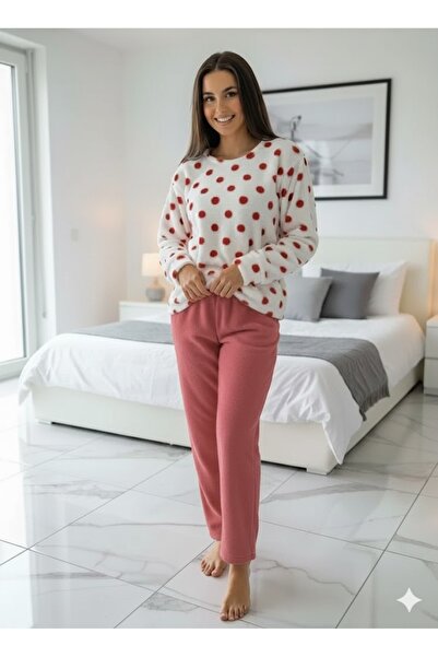 FAMES PİJAMA Women's White Polka Dots Plush Pajama Set