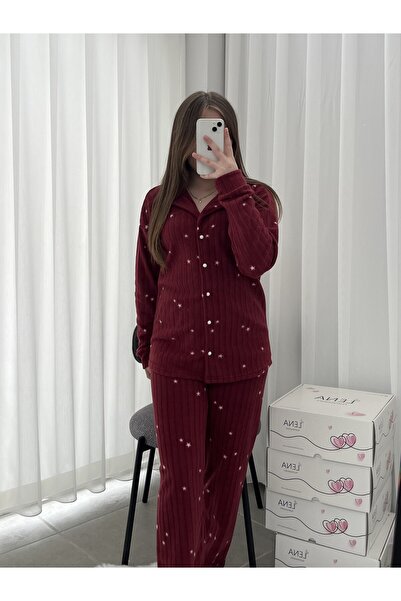 Lena Homewears Bordo Yıldız Desenli Düğmeli Polar Pijama Takımı
