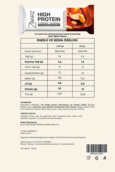Zbarz Yüksek Protein Bar Yer Fıstık & Tuzlu Karamel 35g (8 ADET)