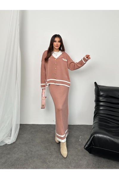Hatun Atila Hatunatila Gold Buttoned Skirted Knitwear Set Pink - 5030