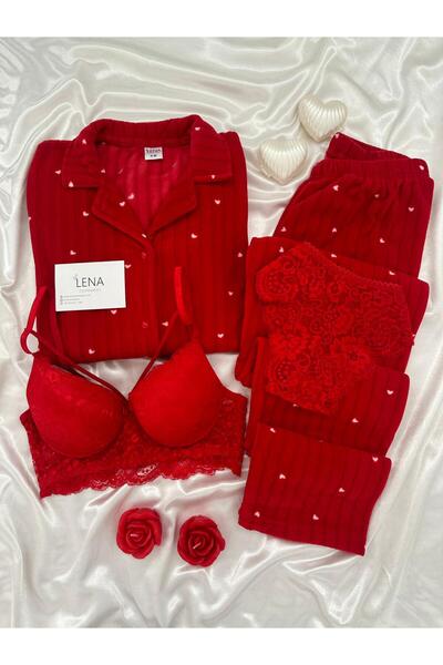 Lena Homewears Red Dreams Heart Patterned Buttoned Fleece Pajamas Set with Underwear