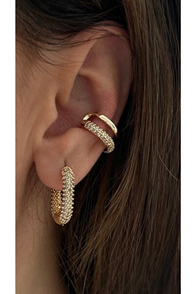 Vi store Altın Kaplama Taşlı Oval Küpe