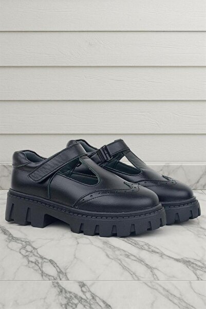 Rakerplus Genuine Leather Black Velcro Girls' School Shoes