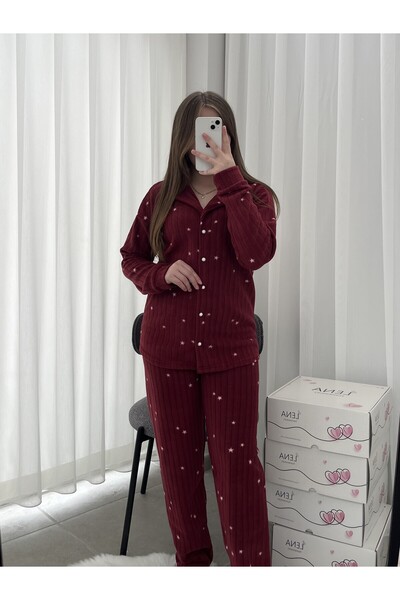 Lena Homewears Bordo Yıldız Desenli Düğmeli Polar Pijama Takımı