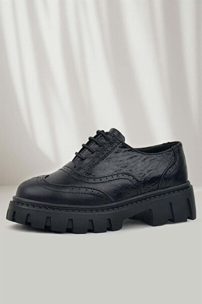 Rakerplus Black Wrinkled Patent Leather Genuine Leather Laced Oxford Casual Shoes