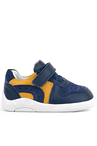 Rakerplus Genuine Leather Navy Blue Yellow Anatomical Baby Sneakers
