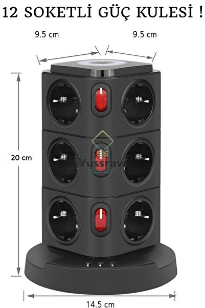 Yussraw Yeni Akım Korumalı 2.4a Kule Priz Kablosuz Şarj Istasyonu 12x Soketli 2×type-c 1x Usb çıkışı