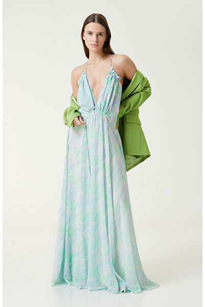 Network Yeşil Desenli Maksi Abiye Elbise