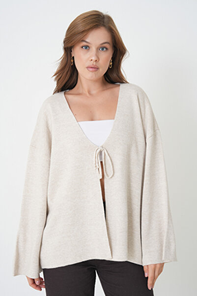 minaaise Women's Ecru Knitwear Front Tie Wide Cut Cardigan 6246