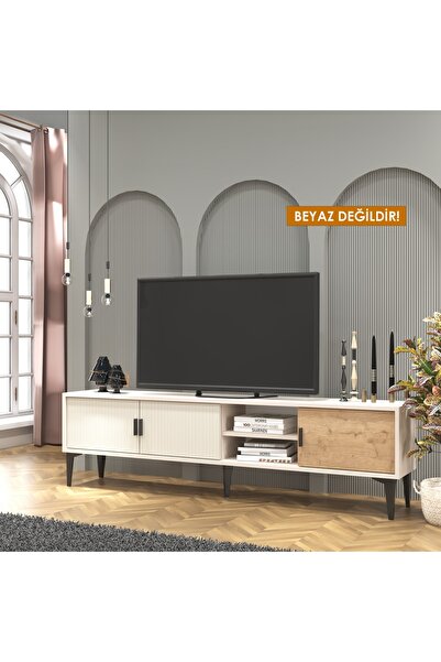 Cool Home Marin Tv Ünitesi Tv Sehpası 180 Cm Çizgi Desenli , Raflı , Sis Gri(...