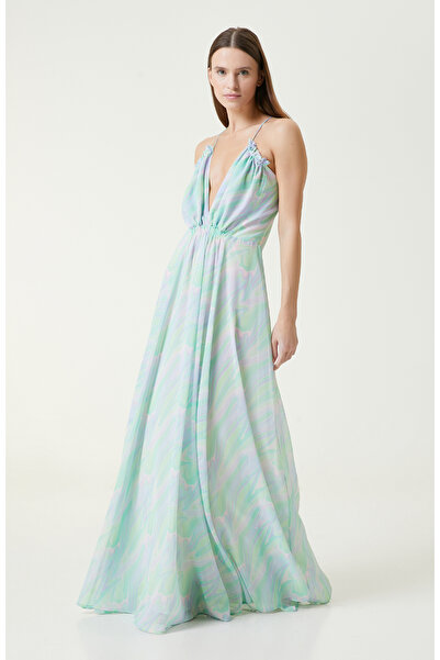 Network Yeşil Desenli Maksi Abiye Elbise