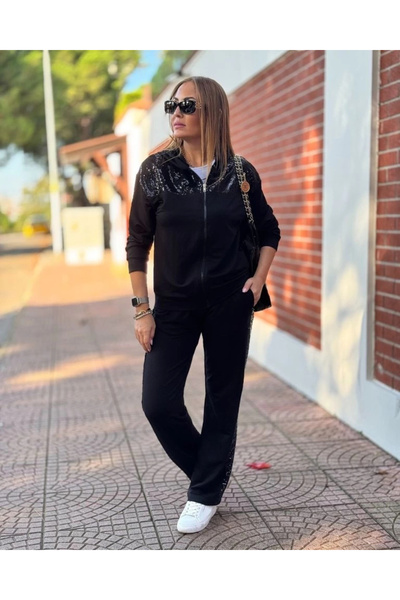 Silerra    Women's Two Thread Fabric Double Set with Sequin and Zipper Detail