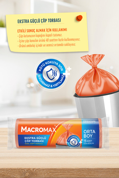 MACRO MAX Ekstra Güçlü Çöp Torbası Orta Boy 55x60 Cm, Soft Kokulu 15 Adet Mutfak Poşeti