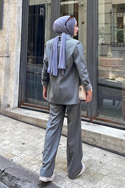 lamelif Striped Jacket Hijab Set Smoked