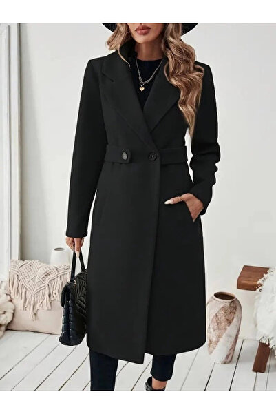 ALPACO Dámský kabát s dlouhým rukávem, límcem, páskem v pase, detaily na knoflíky a kapsami, mini kabát