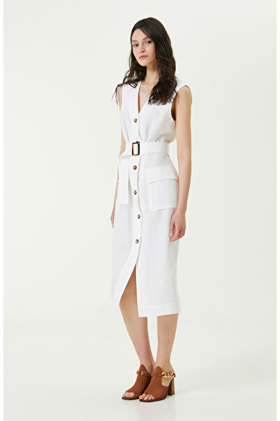 Network Beyaz Keten Midi Boy Elbise