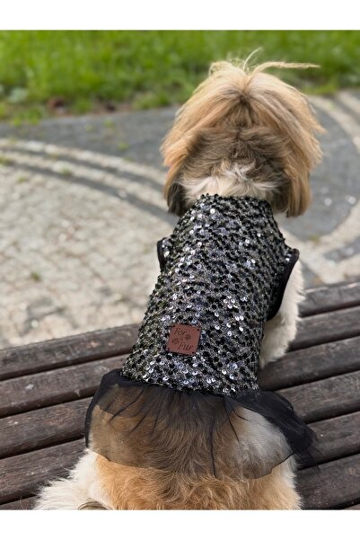 For a Fur Köpek Tişörtü Elbisesi Siyah Payetli Tül Etekli Kedi Elbisesi