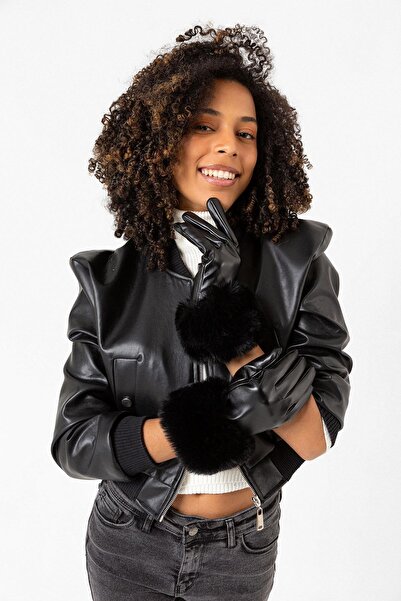 FELLMENS Women's Leather Gloves - Black Furry