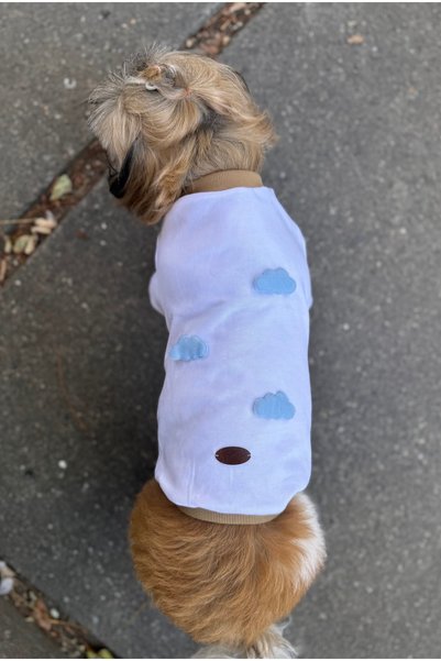 For a Fur Dog T-Shirt White Cat Dog T-Shirt with Cloud Pattern