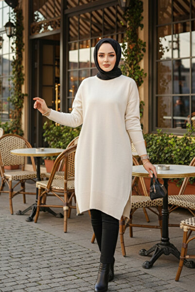 Neva Style Cream Hijab Knitwear Sweater Tunic 17203Kr