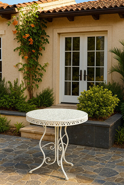 Evistro Ferforje Masa Balkon Masası, Bahçe Masası Çap 60cm Beyaz