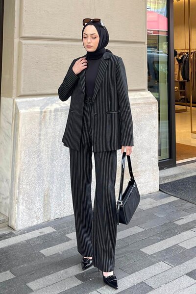 lamelif Striped Jacket Hijab Set Black