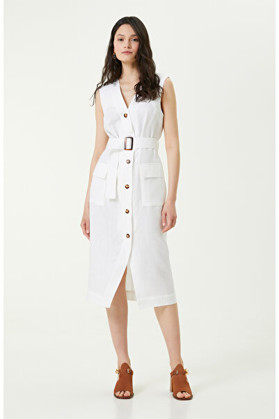 Network Beyaz Keten Midi Boy Elbise