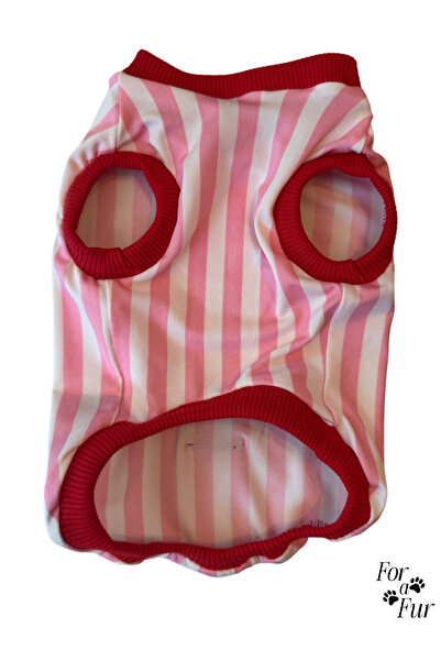 For a Fur Pembe Beyaz Çizgili Kedi Köpek Tişörtü
