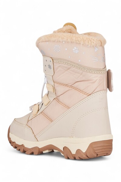 İmerShoes Günlük Kız Çocuk Bej Kar Botu Cırtlı Lastik Bağcıklı Kürklü Desenli Kalın Tırtıklı Taban Bootie 014
