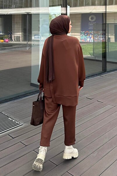 lamelif Καφέ κοστούμι Scuba Hijab με λεπτομέρεια πλαϊνής κορδέλας
