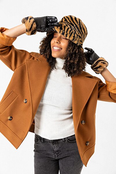 FELLMENS Black Zebra Detailed Leather Women's Gloves