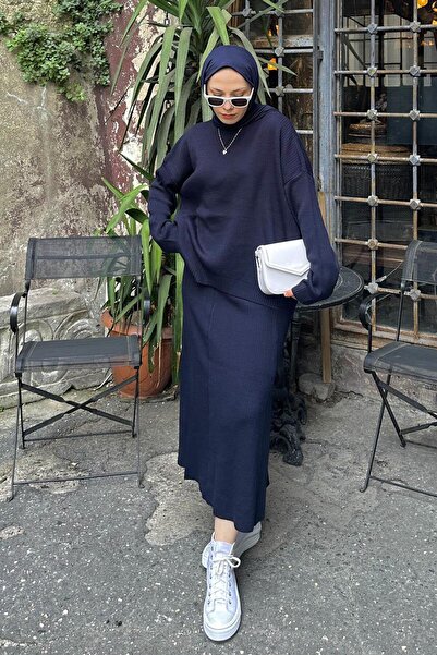 lamelif Navy Blue Ribbed Double Knitwear Set