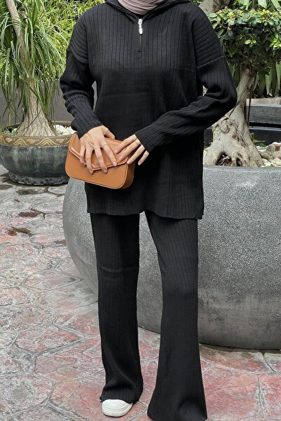 lamelif Zipper Detailed Pants Hijab Set Black