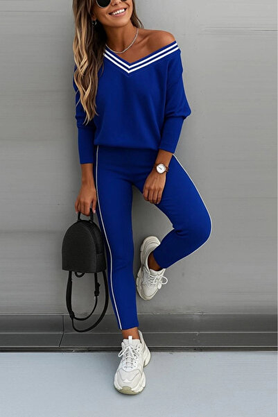 Butik Women's Long Sleeve One Shoulder Detailed Viscose Two Thread Blouse and Pants Two Piece Set