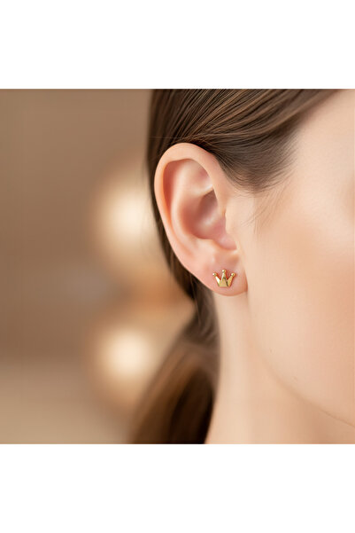 İNDİGO TAKI Minik Sade Kraliçe Tacı Altın Kaplama Gümüş Küpe