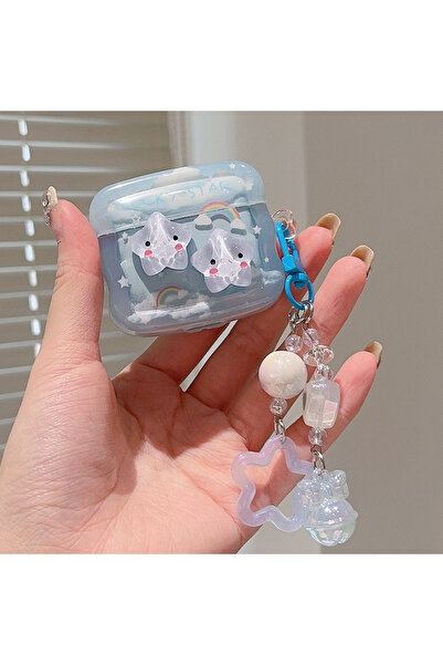 Fibaks Airpods 4. Nesil 2024 Uyumlu 3D Yıldız Oyuncak Gökkuşağı Askılı Tutamaçlı Kulaklık Kılıfı