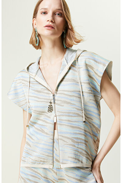 Network Bej Desenli Kapüşonlu Hırka