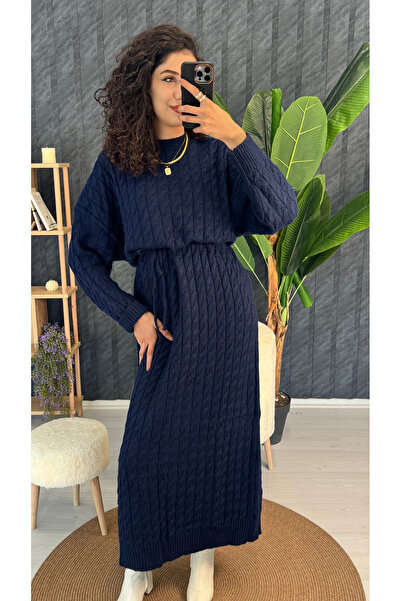 PUANT ATELIER Bisiklet Yaka Saç Örgülü Yumoş Kadın Triko Midi Elbise