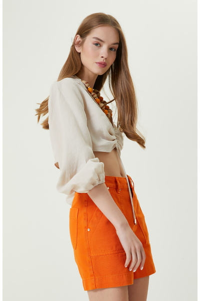 Network Bej Truvakar Kol Büzgü Detaylı Keten Bluz