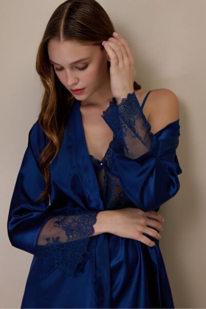 AYYILDIZ 3802 Navy Blue Satin Nightgown Dressing Gown Set